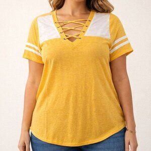 Maurices 24/7 Baseball T Shirt White Yellow Striped Short Sleeve Womens Size 3X